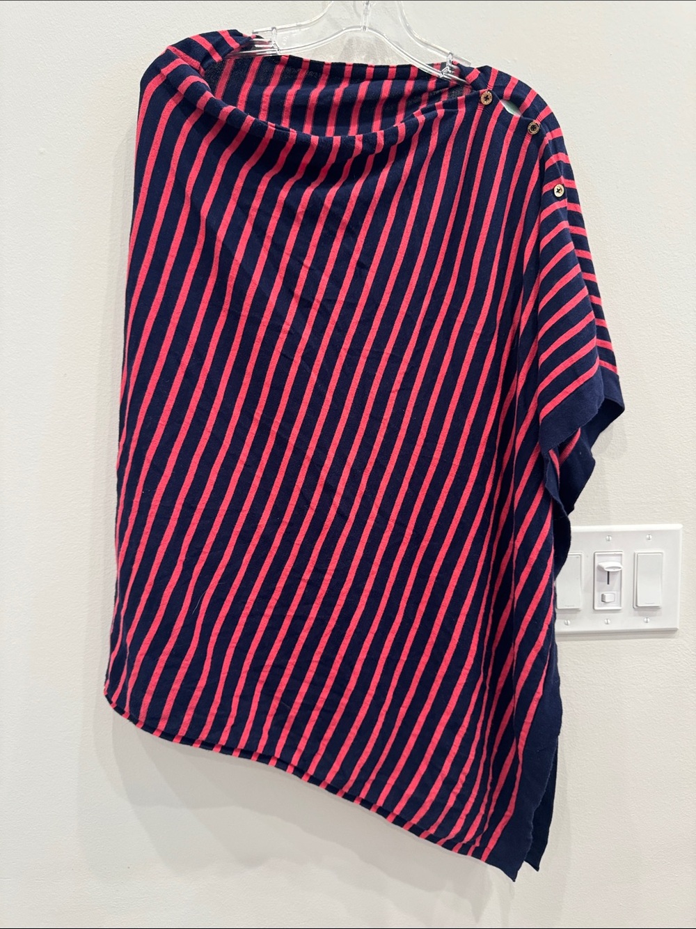 Lilly Pulitzer Navy / Deep Coral Stripe Pullover Shawl Pomcho with gold buttons